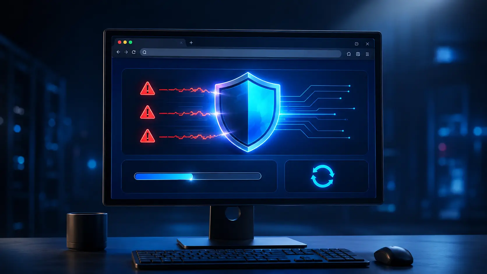 Browser su computer protetto da uno scudo digitale