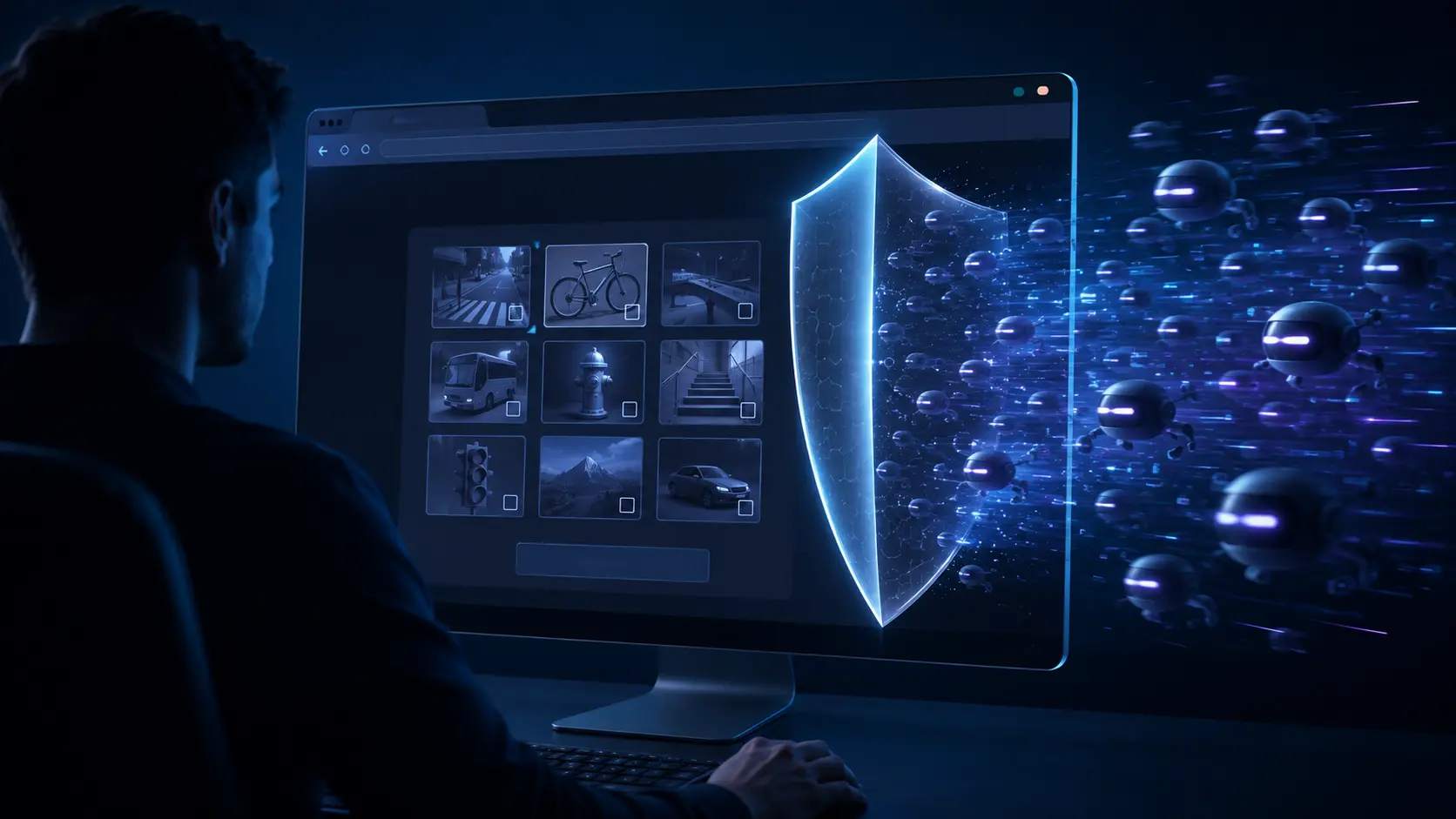 Persona davanti a un browser con captcha e protezioni privacy